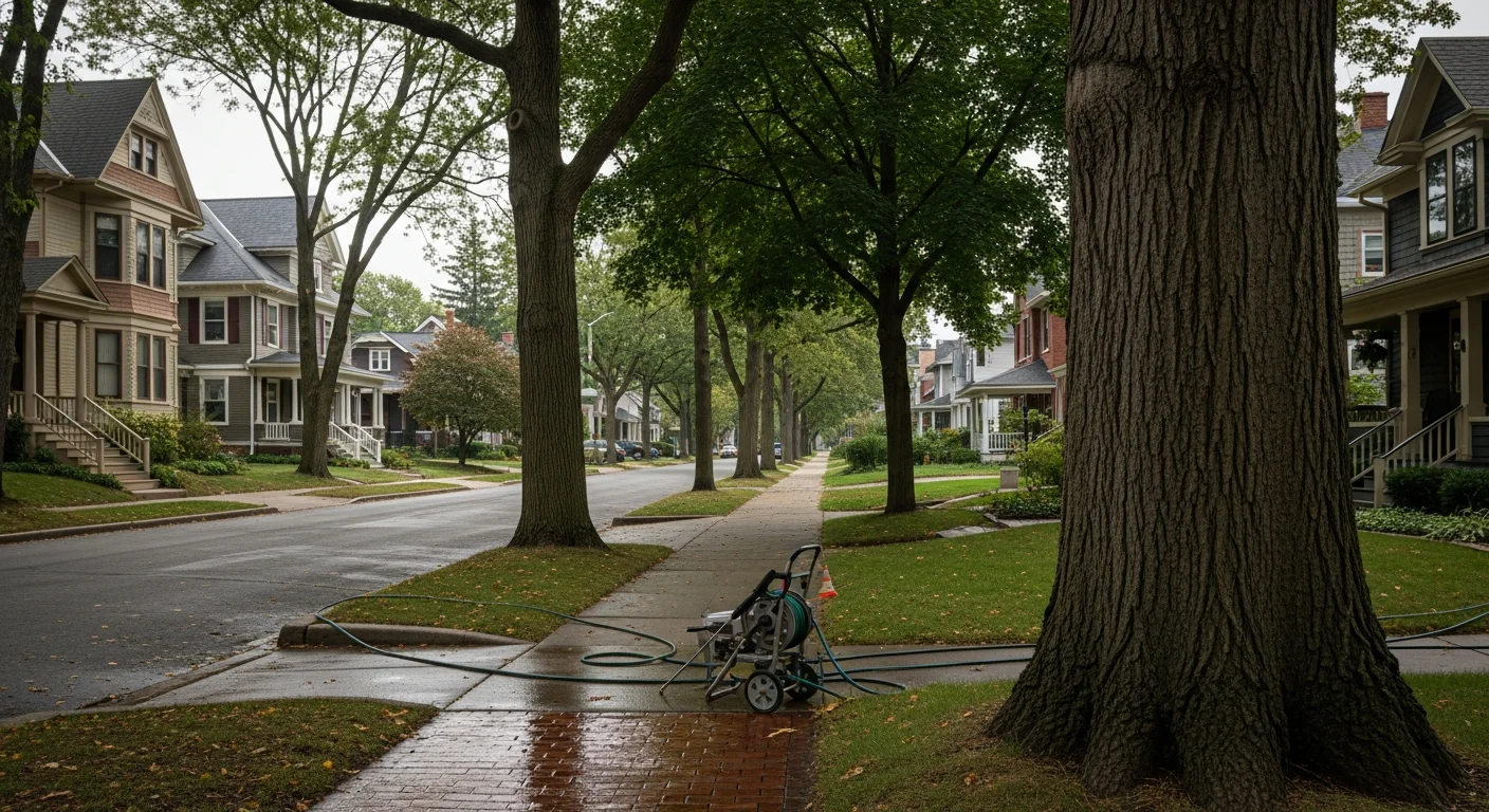Residential street in Madison with tree-lined sidewalk and historic homes, showing typical Maple Bluff neighborhood character.