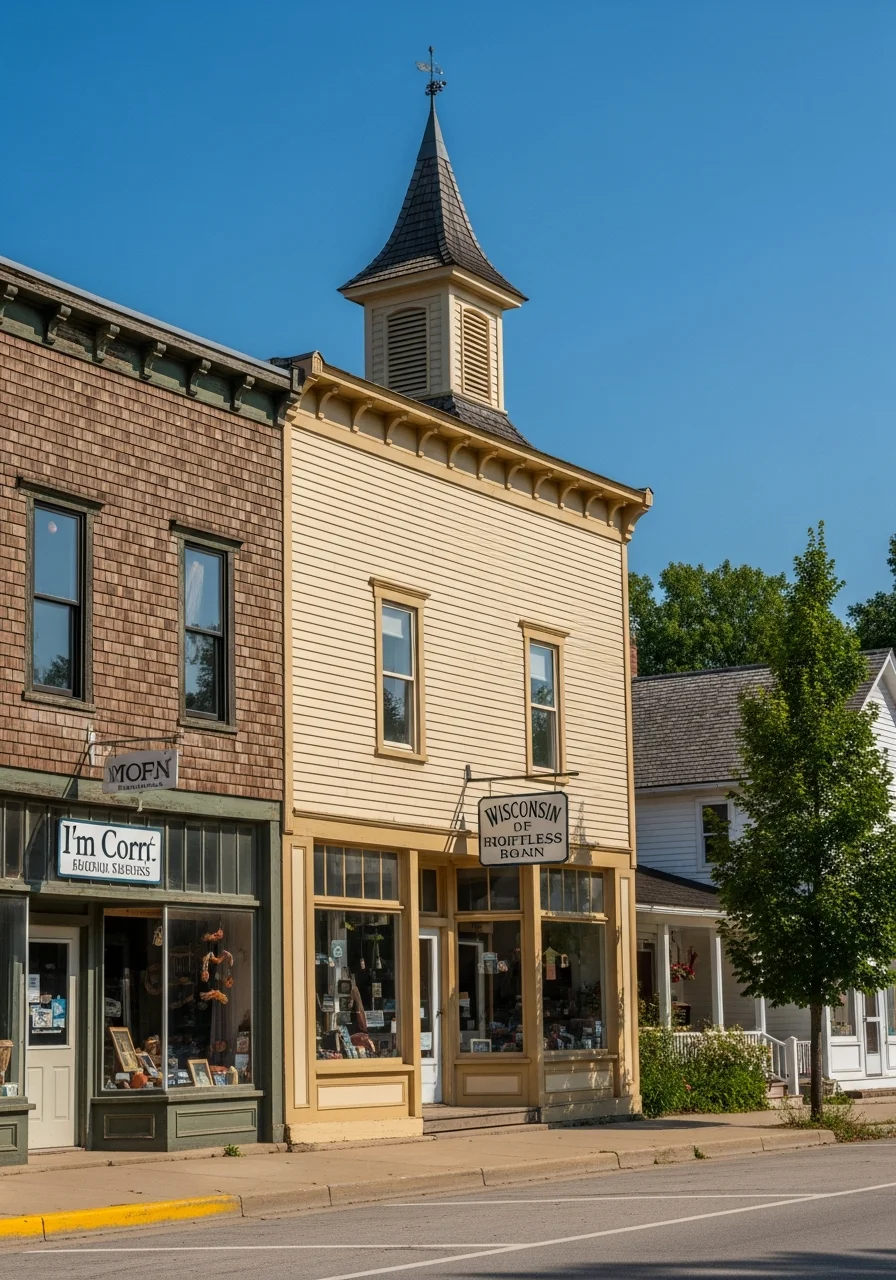 Mt. Horeb village street with historic storefronts and a local resident in front of a well-maintained property.