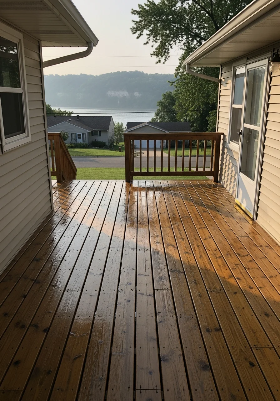 Sauk City resident on their property porch, with scenic river valley visible in the background.