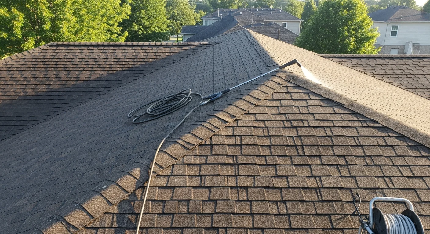 A Madison, WI residential roof after soft wash cleaning, showing shingles cleared of dark algae streaks and green moss growth. The cleaned surface reveals the original shingle color across the full slope of the home.
